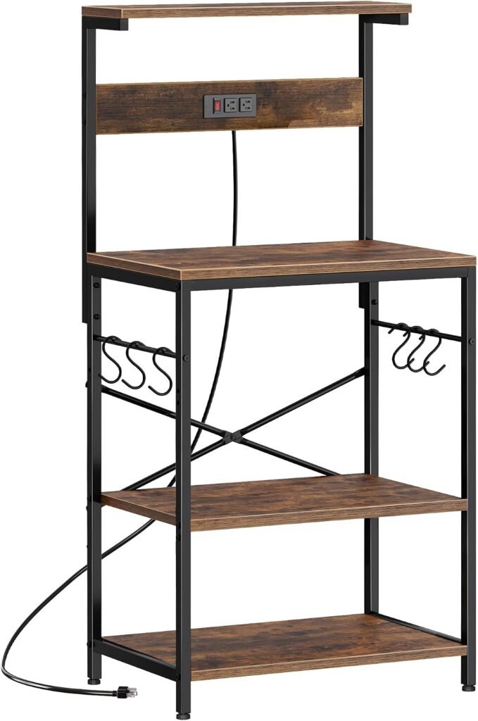 SUPERJARE Kitchen Bakers Rack with Power Outlet, Coffee Bar Table Tiers, Kitchen Microwave Stand with S-shaped Hooks